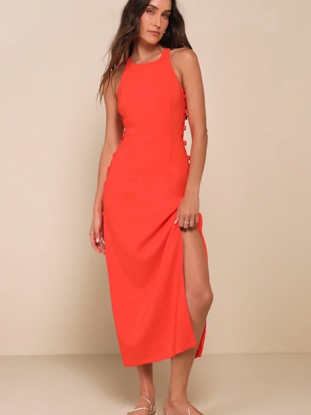 Lulus Coral Side Cutout Button Detail Midi Dress NWT Size XS